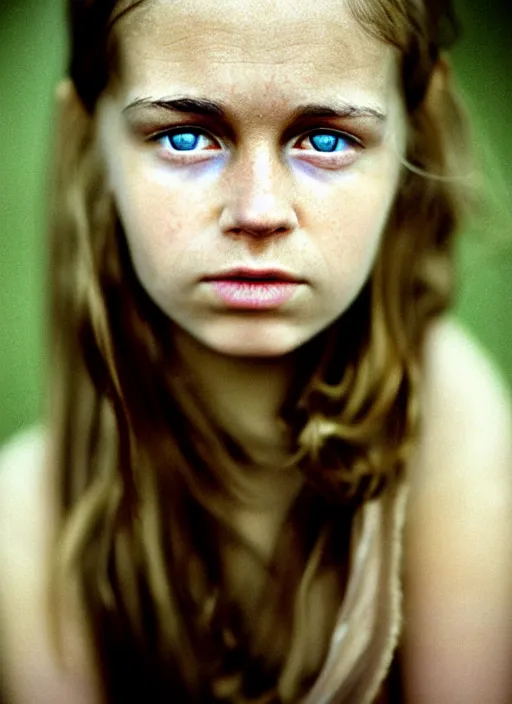 Image similar to Kodak Portra 400, 8K, highly detailed, britt marling style 3/4 dramatic photographic Close-up face of a extremely beautiful girl with clear eyes and brown hair , high light on the left, illuminated by a dramatic light, Low key lighting, light dark, Steve Mccurry, Lee Jeffries , Norman Rockwell, Craig Mulins ,dark background, high quality, photo-realistic.