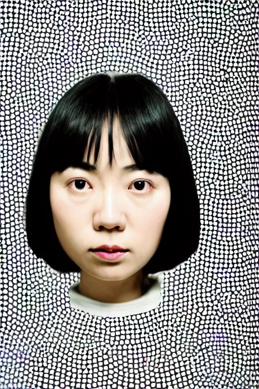 Prompt: portrait of a japanese girl, extreme closeup three - quarter portrait, tilt shift glass background, three point perspective, focus on model, background by yayoi kusama, ultra realistic, highly detailed, symmetrical, vibrant,