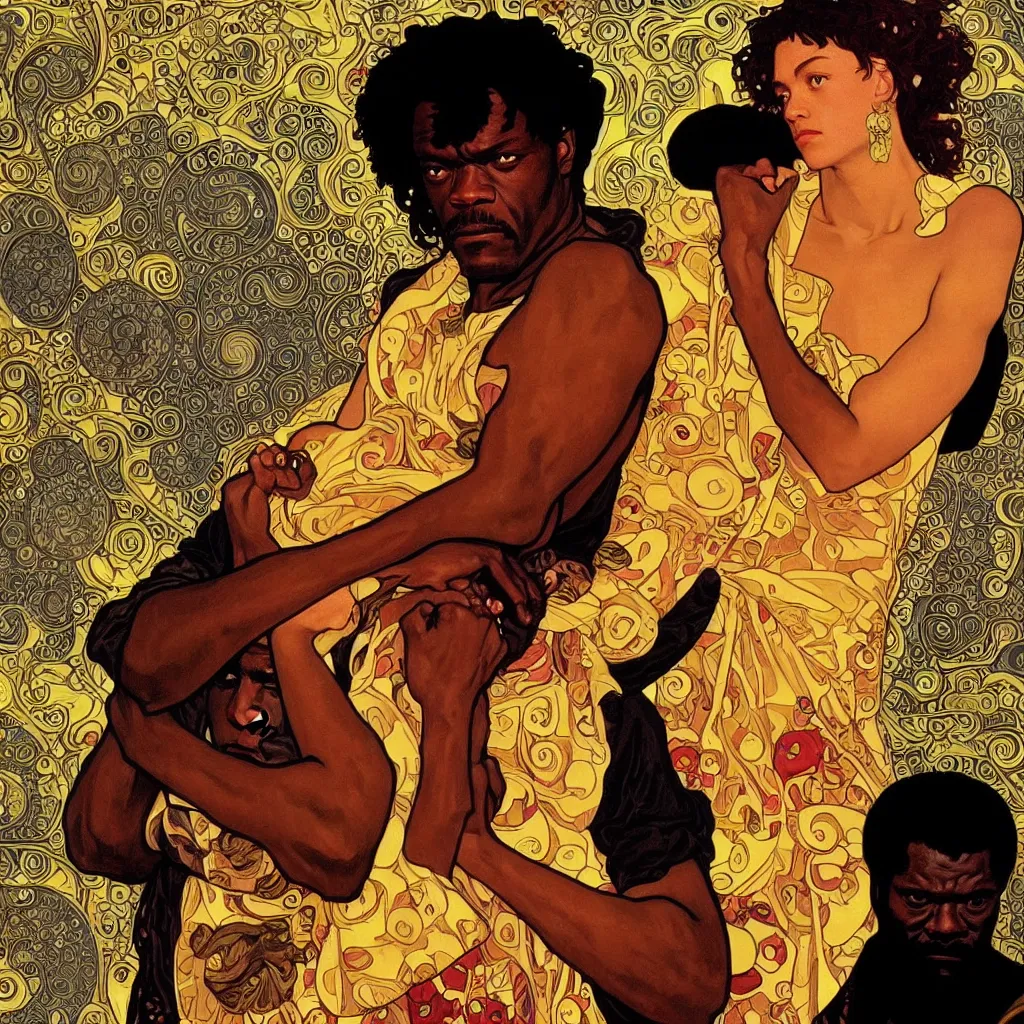 Image similar to Samuel L. Jackson from Pulp Fiction (1994) made with a combination of the art styles of Alphonse Mucha and Gustav Klimt. Masterpiece.