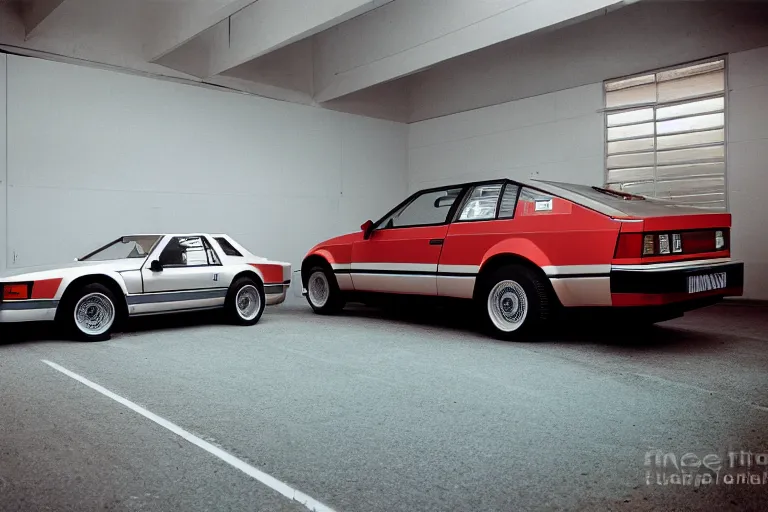 Image similar to 1984 Audi Quattro, BMW M1 Lincoln Continental, inside of a minimalist Tokyo garage, ektachrome photograph, volumetric lighting, f8 aperture, cinematic Eastman 5384 film