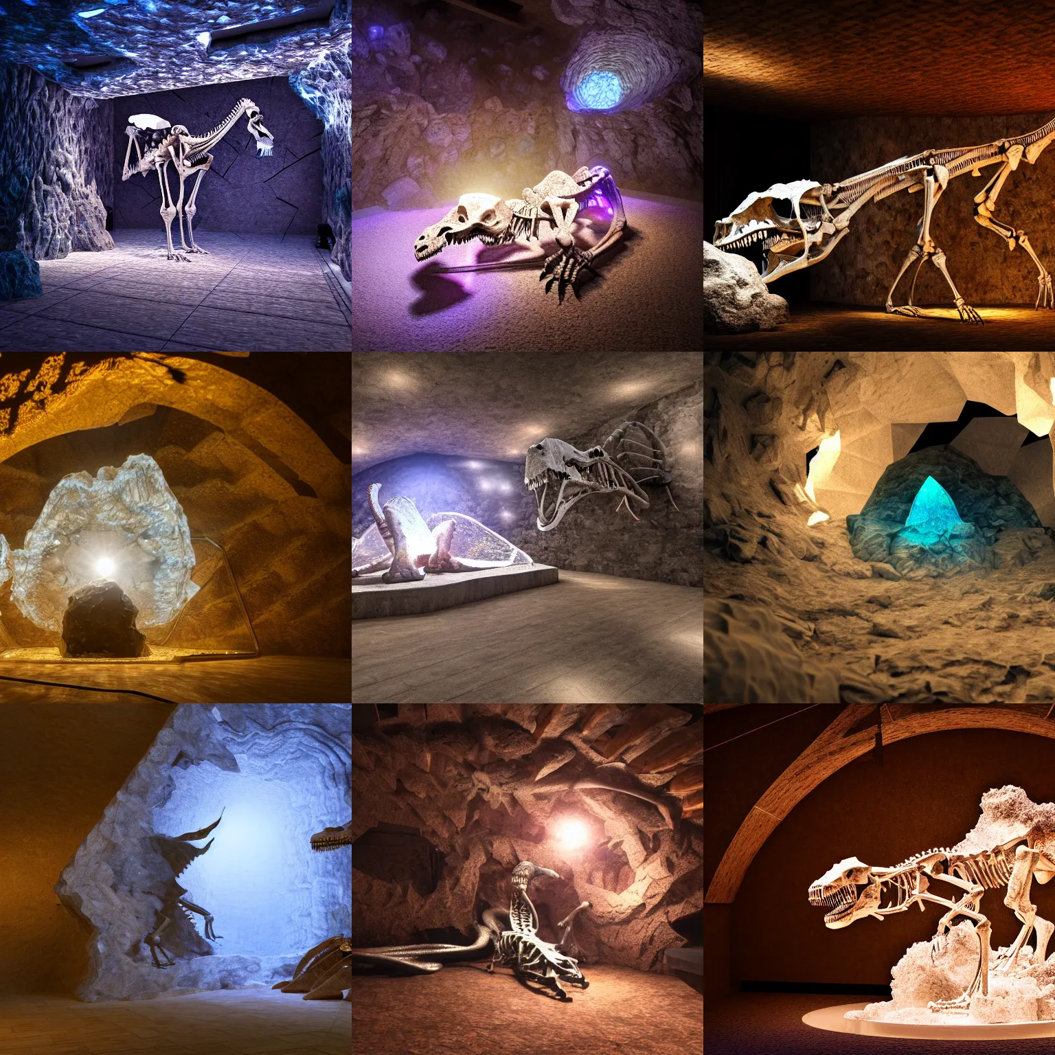 Prompt: dinosaur skeleton in a crystal geode, volumetric lighting