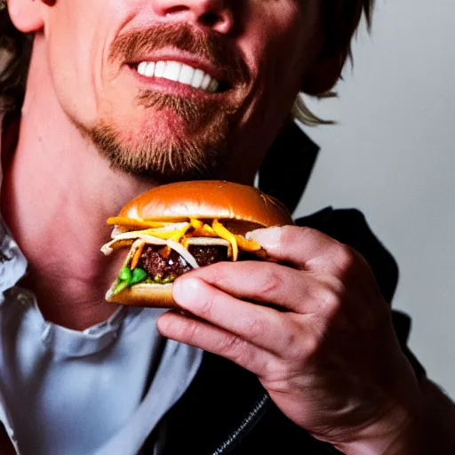 Image similar to kevin bacon profile portrait eating bacon burger soda fries, award winning food photography