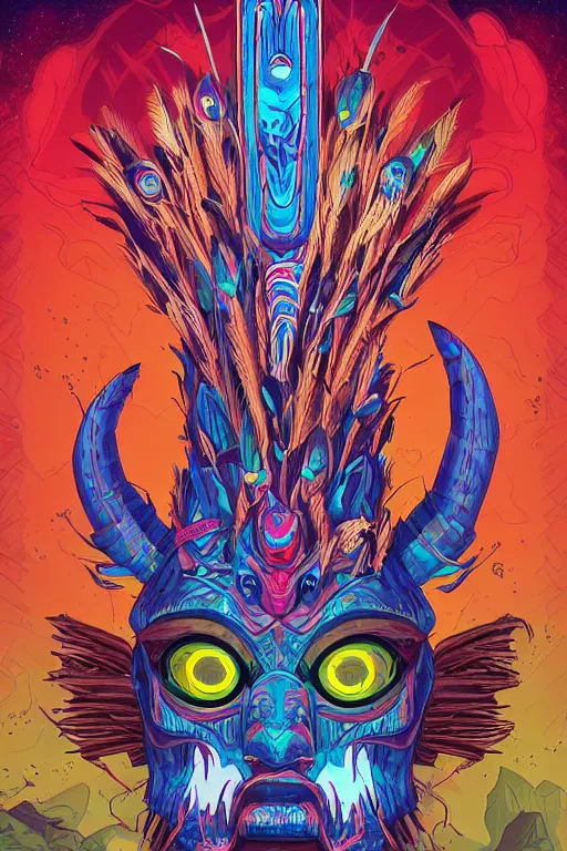 Image similar to totem animal tribal chaman vodoo mask feather gemstone plant wood rock video game illustration vivid color borderlands by josan gonzales and dan mumford radiating a glowing aura