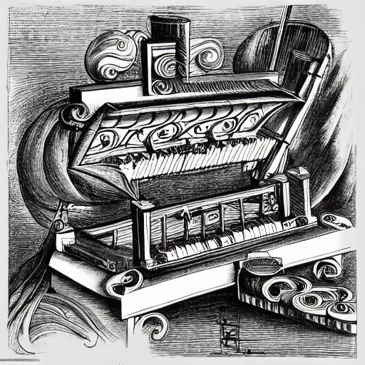 Image similar to music machine designed by di fate drawn by da vinci, detailed pen and ink illustration