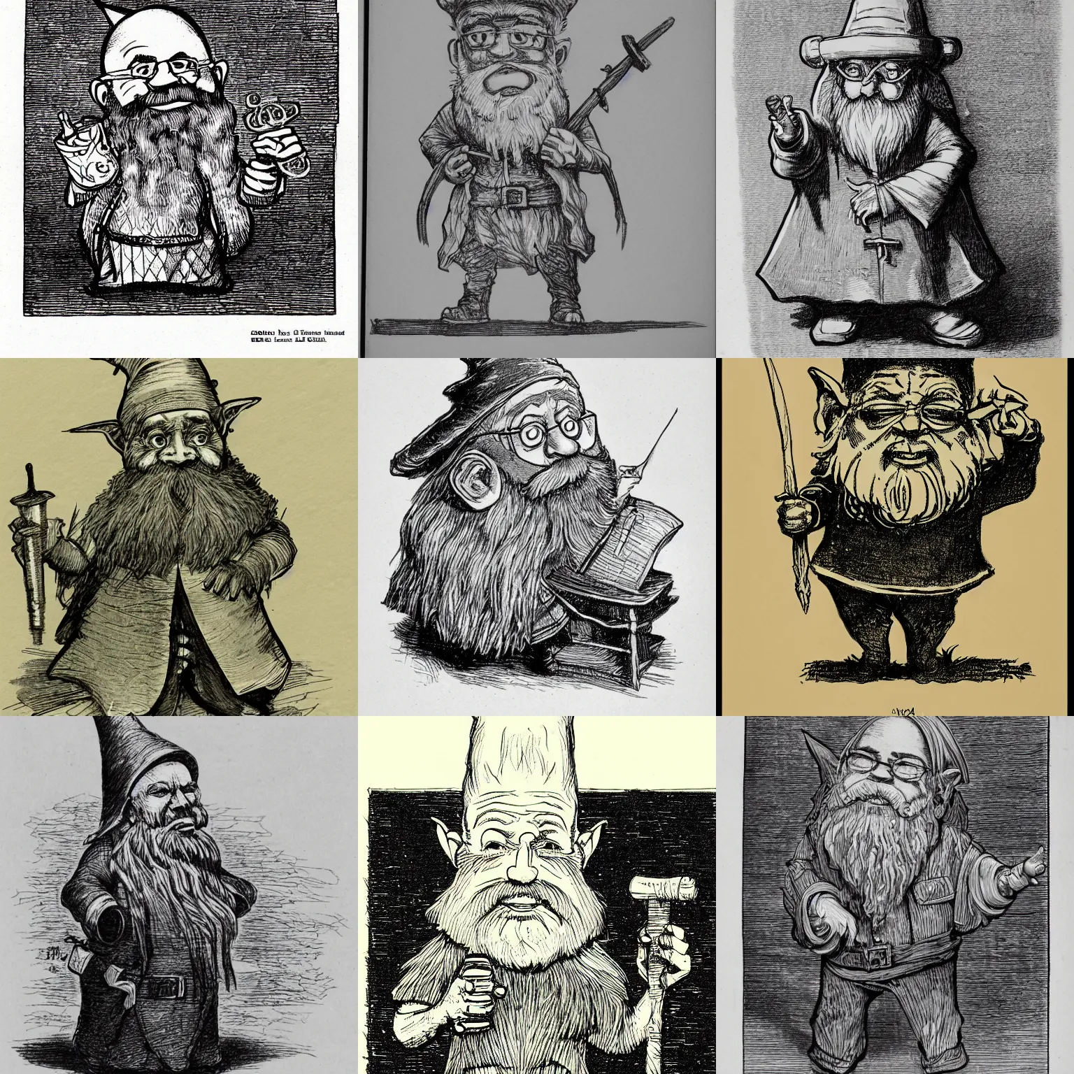 Prompt: sketch of a funny chibi dnd gnome wizard who is a crazy scientist, etching by louis le breton, 1 8 6 9, 1 2 0 0 dpi scan