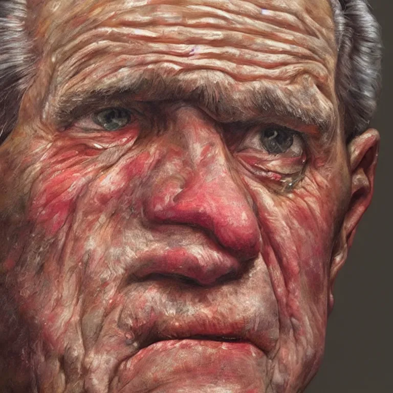 Image similar to hyperrealistic close up studio portrait of aging old George W Bush age 85 wrinkled weeping, oil painting by Ivan Albright and Lucian Freud and Ron Mueck, trending on artstation Studio lighting hyperrealism