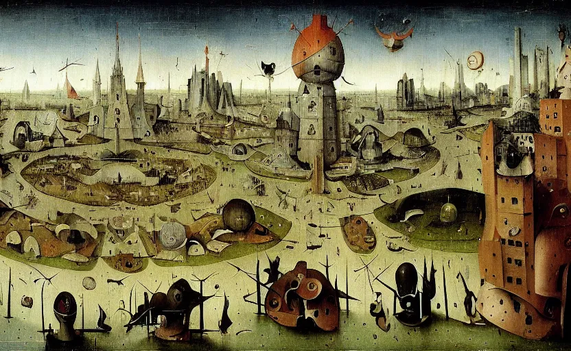 Prompt: A mysterious futuristic city by Hieronymus Bosch