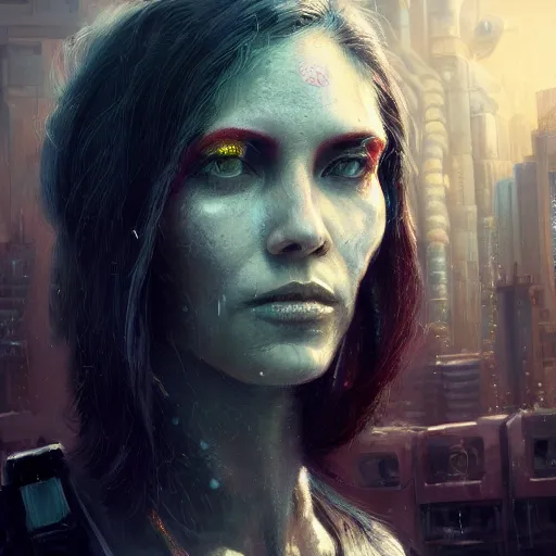 Image similar to extremely detailed portrait of a cyberpunk woman, eye implants, street vendors, citizens, augmented cyborgs, robots, skyscapers, buildings, clouds, sunset, painted by seb mckinnon, high detail, digital art, painted by greg rutkowski, trending on artstation