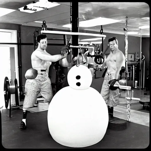 Prompt: “ burl ives snowman m, lifting weights with magnum pi in an insane asylum, designed by vernor panton ”