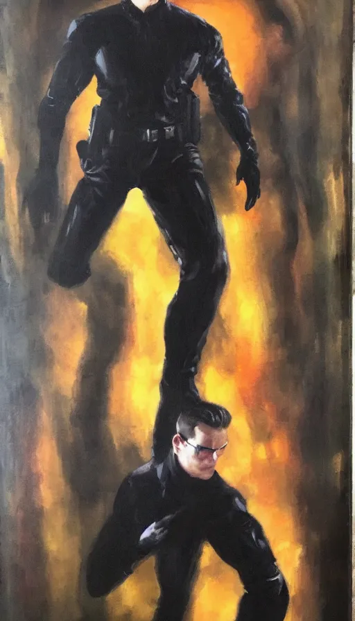 Image similar to Albert Wesker full body portrait, action! pose!, oil painting, surrounded by black tendrils