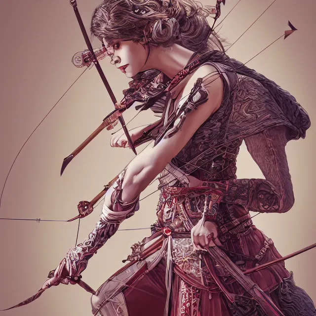 Image similar to the portrait of lawful neutral semi - colorful female archer huntress as absurdly beautiful, gorgeous, elegant, young woman, an ultrafine hyperdetailed illustration by kim jung gi, irakli nadar, intricate linework, bright colors, octopath traveler, final fantasy, unreal engine 5 highly rendered, global illumination, radiant light, detailed and intricate environment