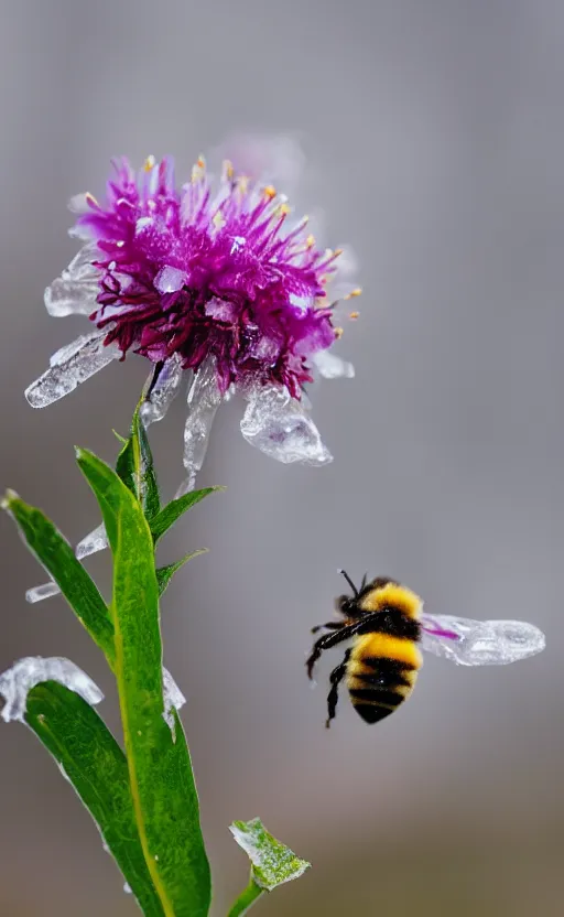 Image similar to a bee finding a beautiful flower, both entrapped in ice, only snow in the background, beautiful macro photography, ambient light