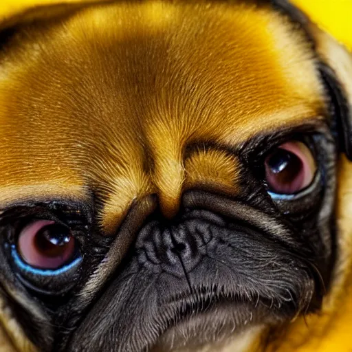Image similar to bumblebee pug, soft and fluffy, macro photography, high resolution photo