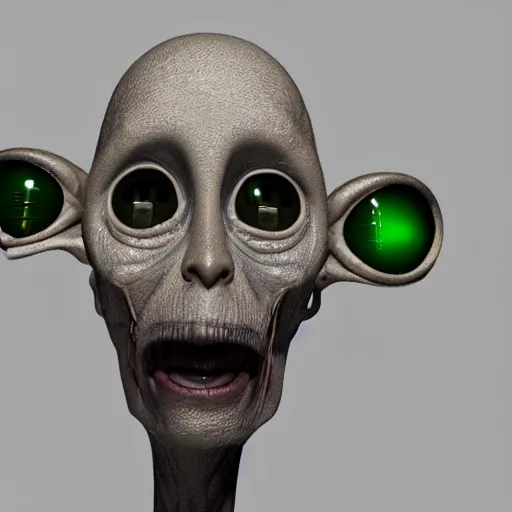 Image similar to an alien with big eyes and a green body, a computer rendering by David Firth, cgsociety, neo-figurative, polycount, zbrush, rendered in maya