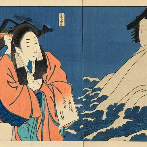 Image similar to A statue by Hokusai and Hasui Kawase