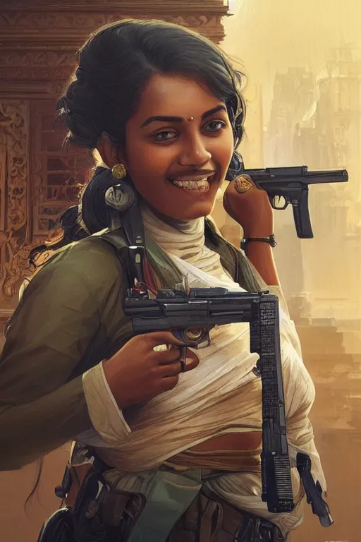 Prompt: sri lankan girl with a gun, smiling, sri lankan city, intricate, elegant, highly detailed, digital painting, artstation, concept art, smooth, sharp focus, illustration, art by artgerm and greg rutkowski and alphonse mucha