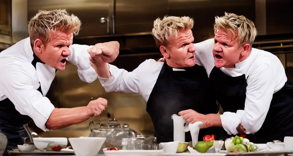 Image similar to photo of angry furious Gordon Ramsay punching Gordon Ramsay at the kitchen