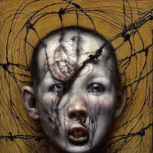 Image similar to a boy made of barbed wire looking into camera, screaming in pain, by giuseppe arcimboldo and ambrosius benson, renaissance, intricate and intense oil paint, a touch of beksinski and hr giger and edward munch, realistic