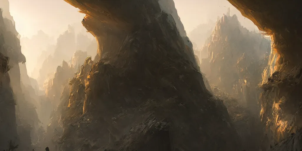 Image similar to a busy science - fiction base hidden in a canyon, river, morning, james paick, artstation