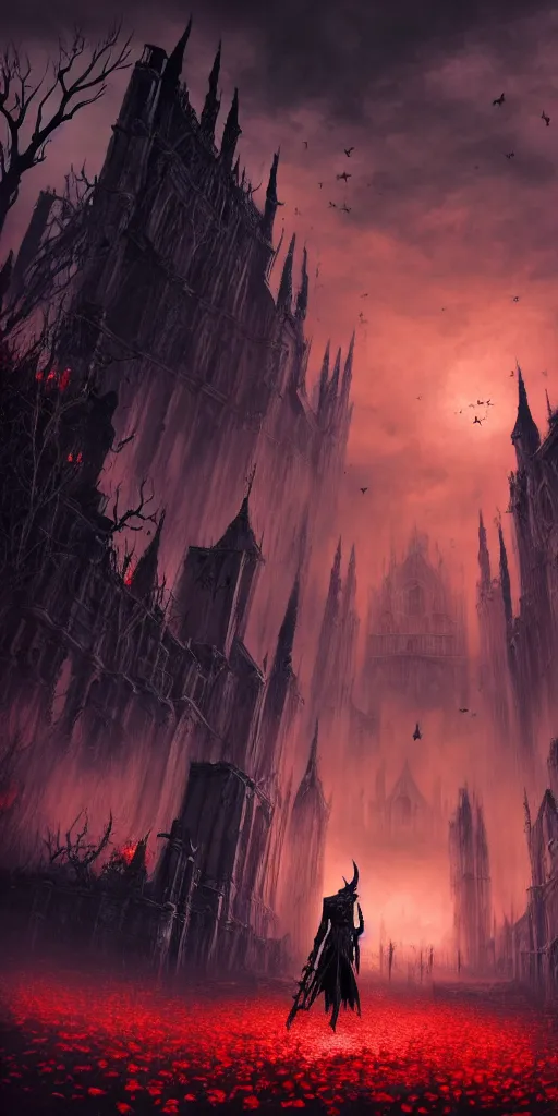 Prompt: abandoned bloodborne old valley with a person at the centre and a ruined gothic city at the emd, trees and stars in the background, bats in the sky, falling red petals, epic red - orange moonlight, perfect lightning, wallpaper illustration by niko delort and kentaro miura, 4 k, ultra realistic