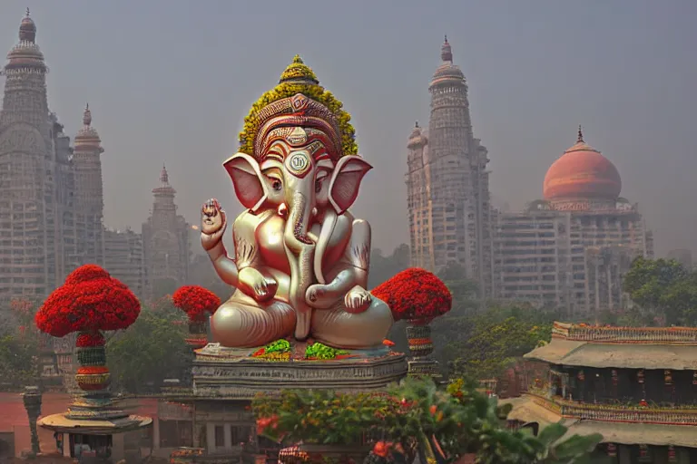 Image similar to beautiful futuristic new delhi, sharp sci - fi ganesha!! building, kalighat flowers, highly detailed cinematic, stephen shore & john j. park, soft morning light, wide shot, high angle, uhd 8 k, shallow depth of field