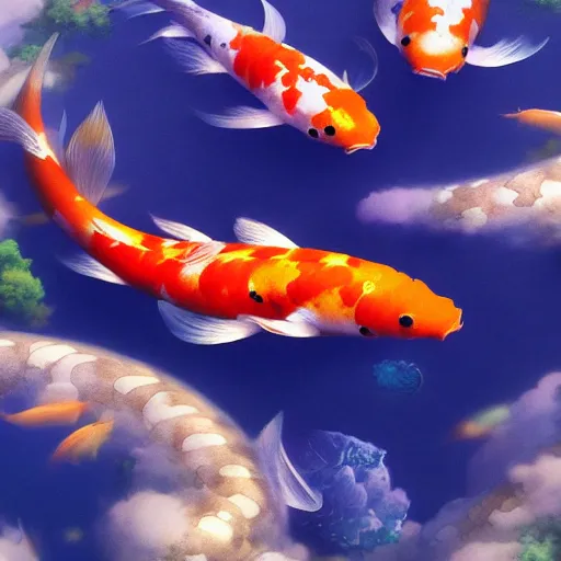 Prompt: koi fish swimming in the clouds, vibrant colors, ( ( ( koi colors ) ) ), octane render, jesper ejsing, james jean, justin gerard, tomasz alen kopera, cgsociety, fenghua zhong, makoto shinkai, highly detailed, rim light, art, cinematic lighting, very coherent, hyper realism, 8 k