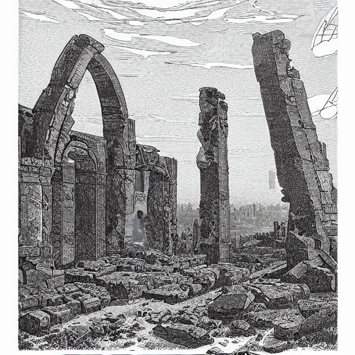 Image similar to abandoned ruins of interplanetary city etching by gustav dore lineart