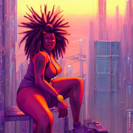 Prompt: a bbw black woman with dreadlocks sitting on top of a skyscraper in the cyberpunk city at sunset, by greg rutkowski and android jones and Alena Aenami, oil on canvas, vibrant color scheme 8k