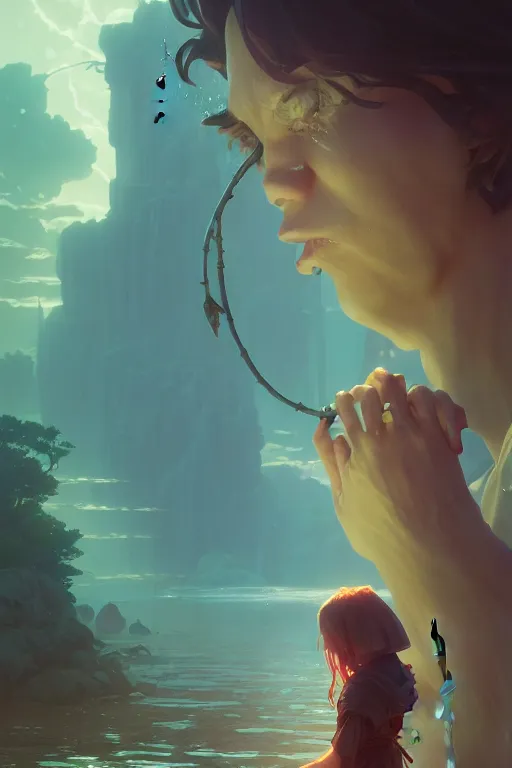 Image similar to highly detailed vfx portrait a mage casting a water spell, stephen bliss, unreal engine, greg rutkowski, loish, rhads, beeple, makoto shinkai and lois van baarle, ilya kuvshinov, rossdraws, tom bagshaw, alphonse mucha, global illumination, detailed and intricate environment