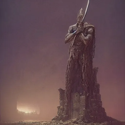 Prompt: a hyperdetailed painting of a dark executioner wielding a huge axe standing in the middle of an ancient ruined temple, by beksinski, wayne barlowe, adrian smith fantasy art, ruan jia, trending in artstation