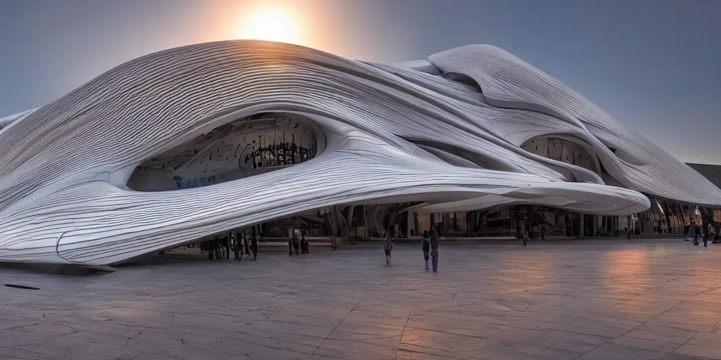 Prompt: extremely detailed ornate stunning beautiful elegant futuristic museum exterior by Zaha Hadid, stunning volumetric light, sunset, 8k