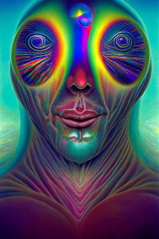 Image similar to hyperrealistic abstract close-up Renaissance psychedelic!! celestial happy! pure creature!! peaceful! kind spirit of nature! beautiful fractal!! eyes! highly detailed concept art eric zener elson peter cinematic hard rainbow lighting high angle hd 8k sharp shallow depth of field endless, inspired by Zdzisław Beksiński Salvador Dali