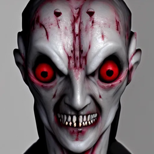 Image similar to an old vampire that looks like a futuristic nosfaratu, milky white skin, blood around the lips, delectable, edible, crusty goo around the eyes, found on artstation, eyes look dead, highly detailed, 8k