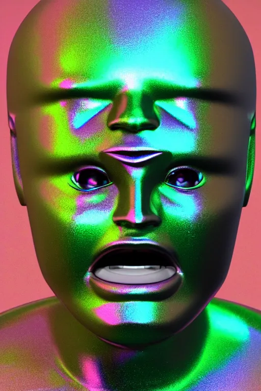Image similar to 3d render of holographic angry human robotic screaming angry bust made of glossy iridescent, screaming, bust, surrealistic 3d illustration of a human non-binary, non binary model, 3d model human, cryengine, made of holographic texture, holographic material, holographic rainbow, concept of cyborg and artificial intelligence