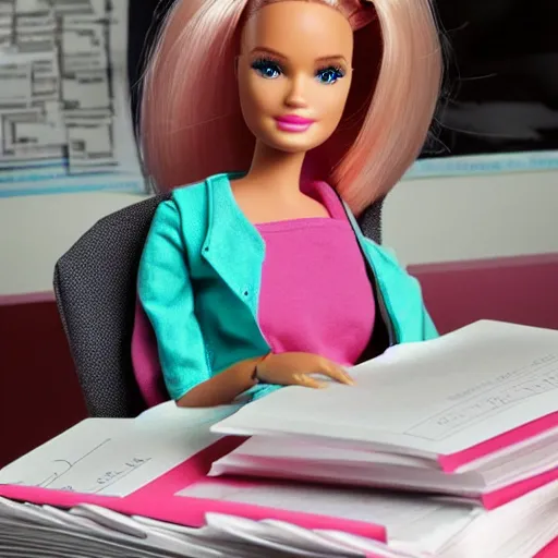 Prompt: a tired and sad barbie doll sits at a desk in her office. the desk is overflowing!!! with several large stacks!!! of paper that surround!!! her entirely. her head is resting on her hand, photorealistic,