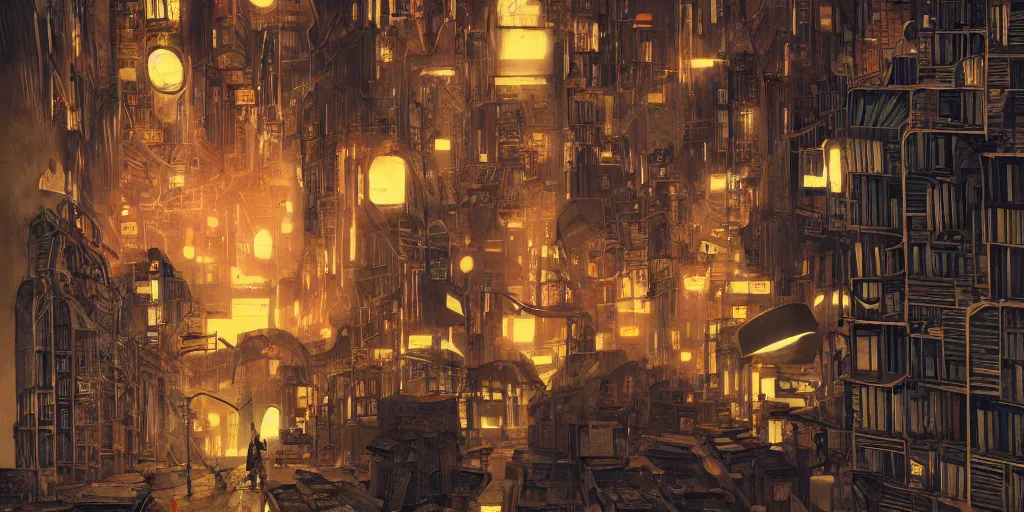 Prompt: cinematic an old jorge luis borges and franz kafka as owners ofan old bookstore full of books, dystopian future, neon lights, sci - fi, night lights, haze, concept art, intricate, in the style of katsuhiro otomo, akira, unreal engine