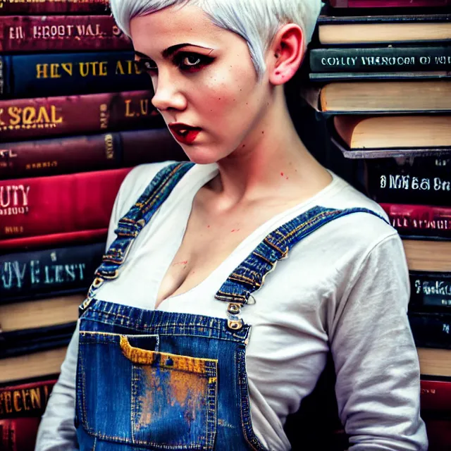 Prompt: full body pose, beautiful adult woman, short white hair shaved sides, dirty, grungy, grunge, long sleeve, painted overalls, stacks of giant books, highly detailed, 4 k, hdr, smooth, sharp focus, high resolution, award - winning photo, artgerm, photorealistic