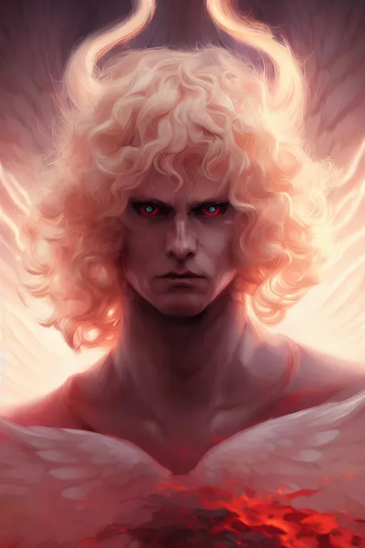 Prompt: digital art of a pale menacing Angel of Battle with fluffy blond curls of hair and piercing red eyes, central composition, gilded black uniform, he commands the fiery power of resonance and wrath, by WLOP, Artstation, CGsociety