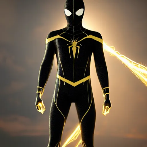 Image similar to gold spider - man suit with black web lining, cinematic, volumetric lighting, realistic, hyperdetailed, photorealistic, photograph