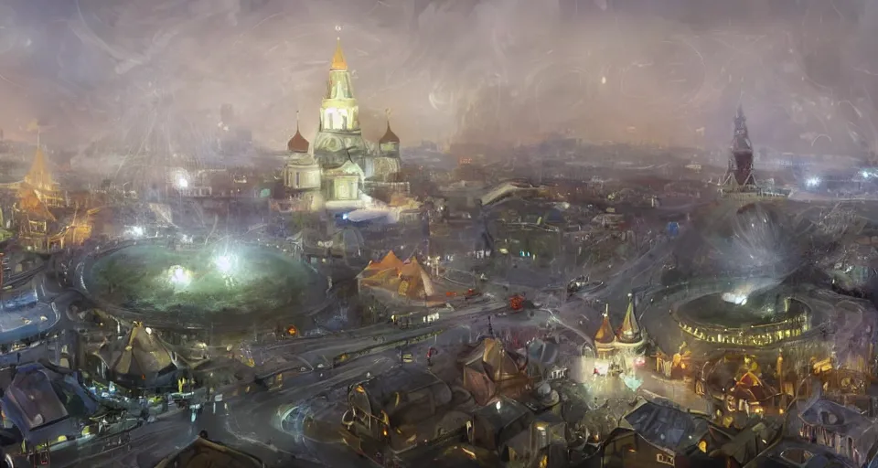 Image similar to pepople and a spiral - shaped white luminous attractor is floating near kremlin, concept art, art for the game, professional lighting, art