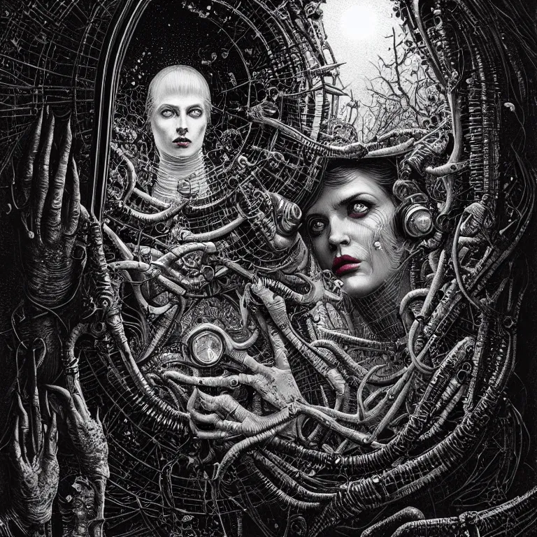 Prompt: Through the looking glass painting by Dan Hillier and H. R. Giger and Greg Rutkowski, intricate, highly detailed, trending on artstation, artstationHD, artstationHQ, 4k, 8k, sharp, rich vivid colors