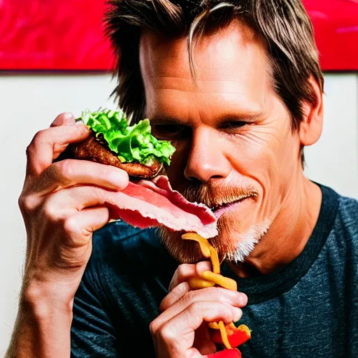 Image similar to kevin bacon profile portrait eating bacon burger soda fries, award winning food photography