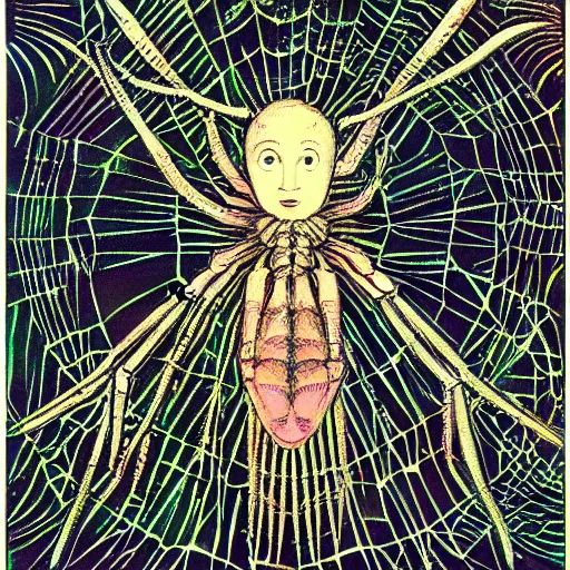 Prompt: a girl with a spider, colored woodcut, flat pastel colors, by Mackintosh, art noveau, by Ernst Haeckel