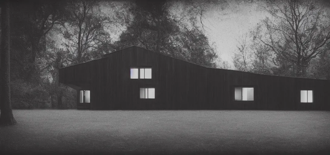 Prompt: modern house in the wood, artwork by William Blake, night, pinhole analogue photo quality, monochrome, blur, unfocus, cinematic, 35mm