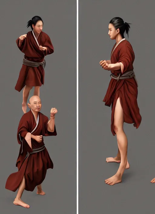 Image similar to female drunken master monk by wlop, wuxia, xianxia, drunken boxing, drunken fist, olive skin, weathered skin, athletic, playful, fully clothed, monk's robe, detailed, realistic, anatomically accurate, fantasy illustration, artstation, wlop.