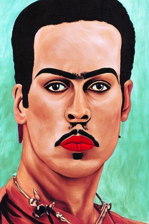 Image similar to Freddy mercury in Frida Kahlo painting style