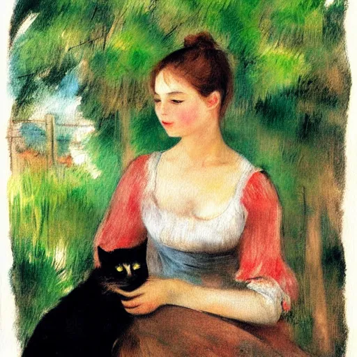 Prompt: Ciri holding a cat, art, minimalistic painting, watercolor on paper, high quality, by Edgar Degas, by Renoir