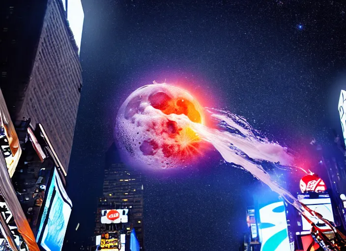 Prompt: film still of the moon shattering into pieces exploding moon over time square in the new disaster, 8 k, night time