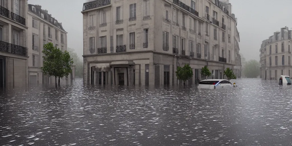 Image similar to Flooding in Paris, old city , big waves, Photo realistic, octane render, rain, lightning