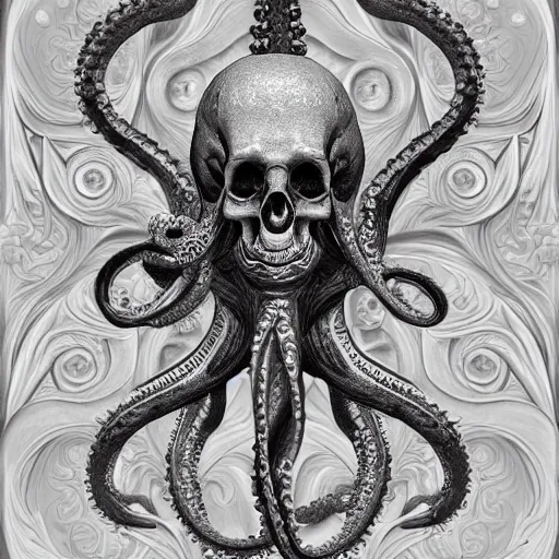 Prompt: ornately carved rococo human skull octopus hybrid, delicate detailed scrimshaw pattern of occult symbols and fractal geometry, tentacles, octane render 4 k, bone and ivory, waxy